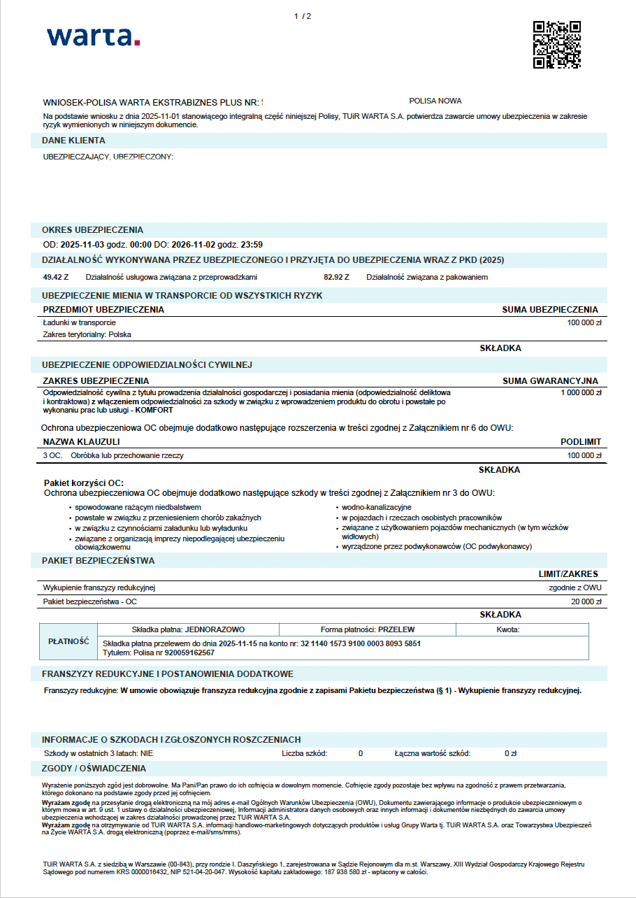 Przykładowa polisa ubezpieczeniowa PZU